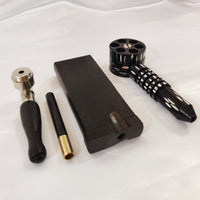 EBONY WOOD Smoking Bundle - 3 Pipes, 1 Stash Box - Brass Screens + Ebony Wood One Hitter Bat, Metal Pipe w/ Lid and Ebony, Revolver Pipe