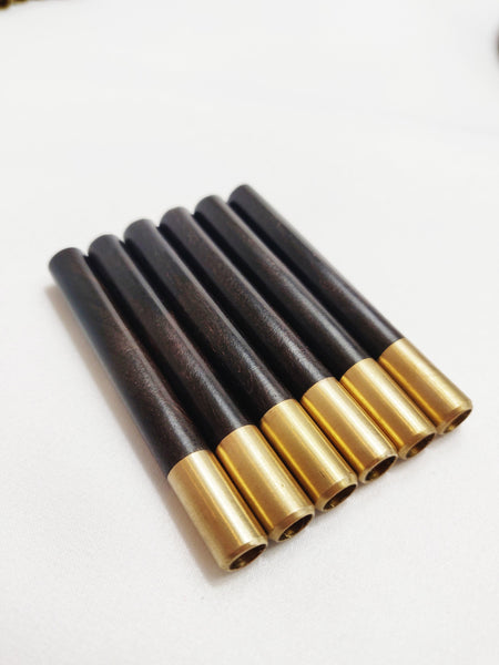 Ebony & Brass One Hitter Pipes for Dugout Stash Boxes - 3" Wooden Pipes for Smoking - Small One Hitters - Brass and Wood + 24 Brass Filters