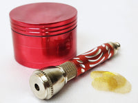 Red Smoking Bundle, Brass Screens, Chillum Smoking Pipe w/ Lid, 4 Screens & 4 Piece Metal Herb Grinder, Pocket Pipe, Stash Pipe Bundle