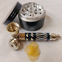 Black Smoking Bundle, Brass Screens, Chillum Smoking Pipe w/ Lid  & 4 Piece Metal Herb Grinder, Pocket Pipe, Stash Pipe Bundle