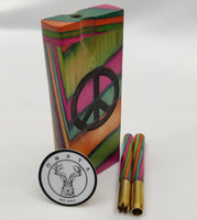 Peace Sign Rainbow Dugout Stash Box, 3" Brass One Hitter Grinder Bat w/ Rainbow Wood Adornment - Wood Chillum Smoking Pipe +4 Pipe Screens