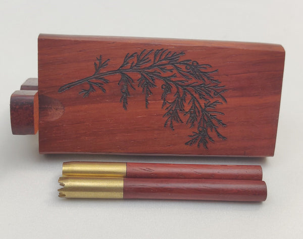 Juniper Redwood Dugout Stash Box, 3" Brass One Hitter Bat w/ Redwood Adornment - Wood Chillum Smoking Pipe +4 Pipe Screens